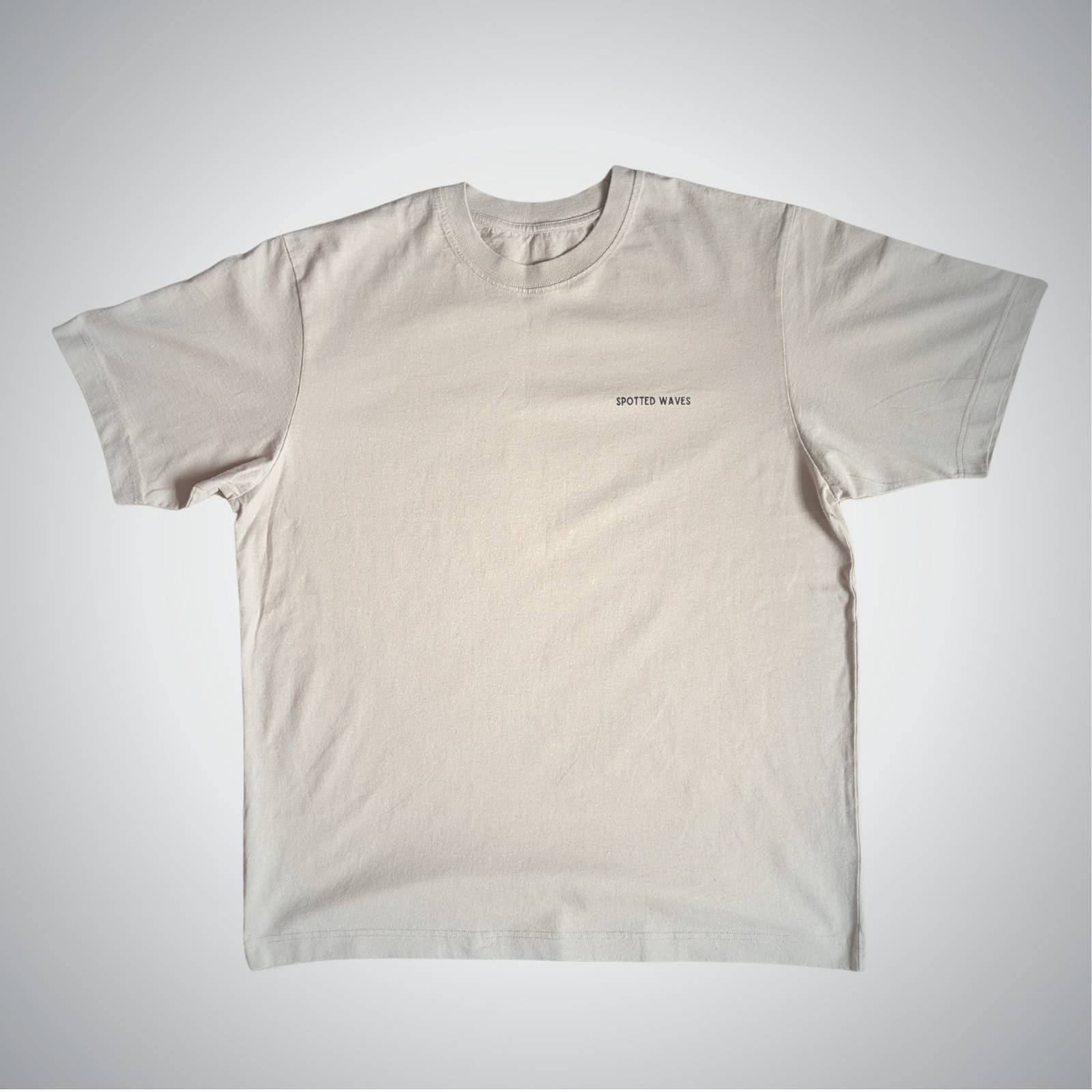 Beige t-shirt with a logo on a white background