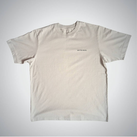 Beige t-shirt with a logo on a white background